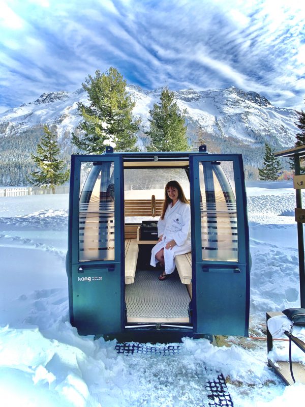 Ava Roxanne Stritt enjoys a nique outdoor sauna that is made out of a repurposed former gondola at Badrutt's Palace Hotel